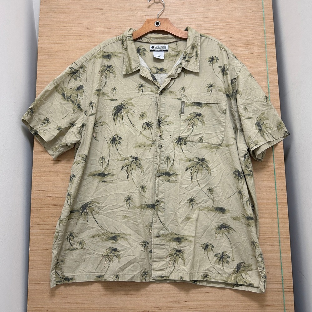 Columbia Mens XXL Short Sleeve Tropical Palm Tree Button Down Shirt Tan Olive